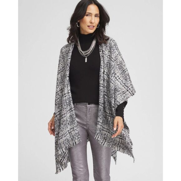 Chico's Tweed Ruana Covering - Moon Shade Gray Heather - One Size - Picture 1 of 8